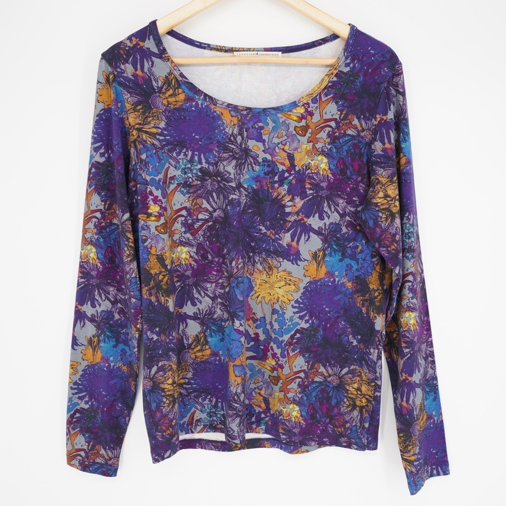 Peruvian Connection Floral Top Womens M Purple Long Sleeve Pima Cotton Stretch